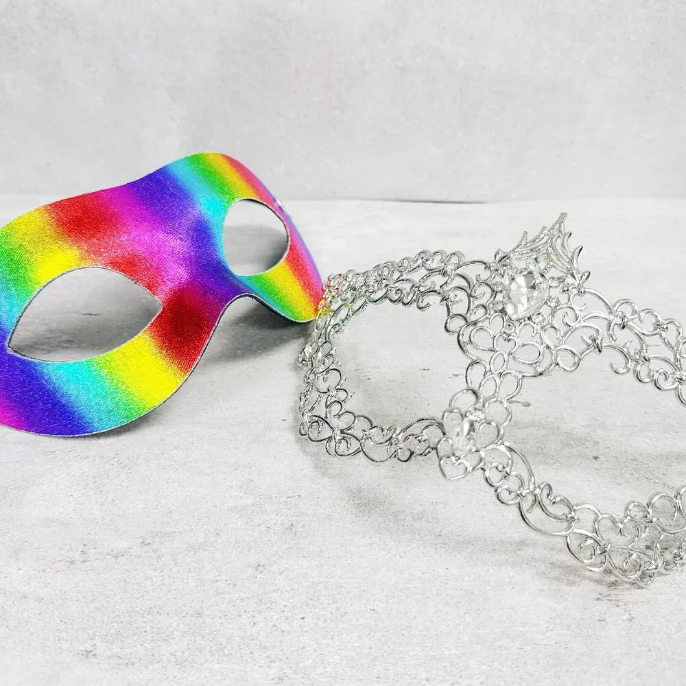 2 in 1 rainbow mask, Masquerade party wedding, silver rainbow mask, Party mask